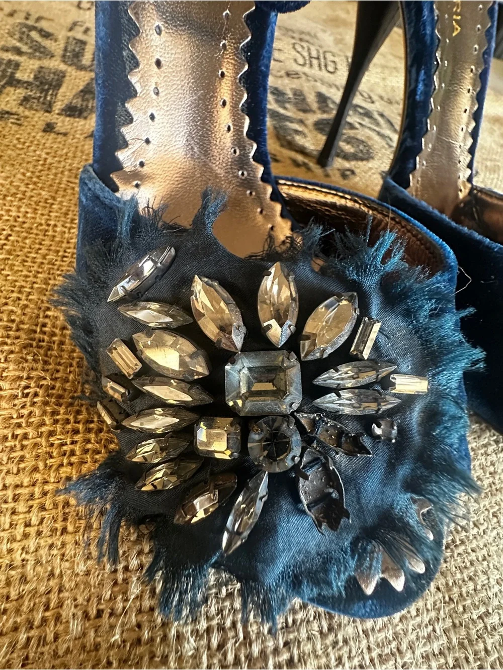 BCBGMaxAzria Royal Blue Velvet Jeweled Peep-Toe Heels
